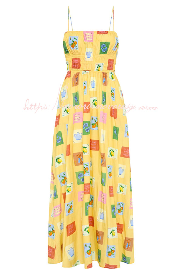 Unique Printed Suspender Backless Pleated Waist Maxi Dress