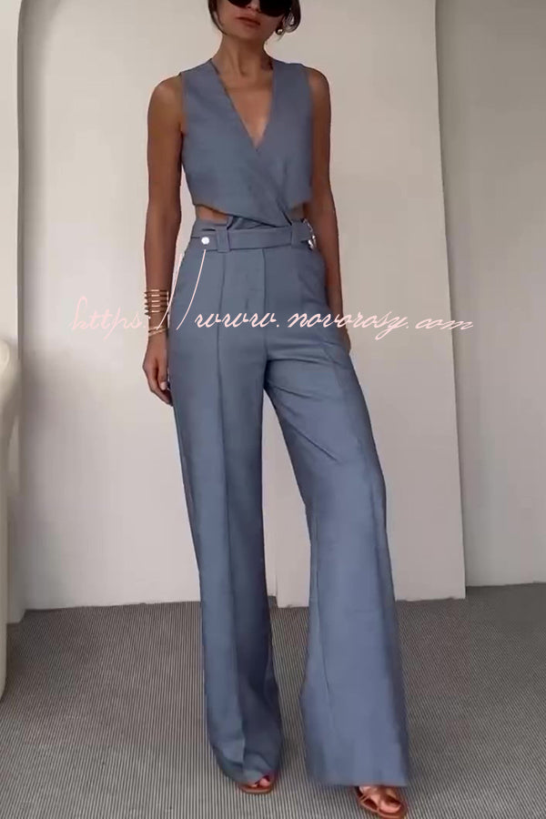 Crossover Slim Fit Sleeveless Vest and High Waisted Wide Leg Pants Set