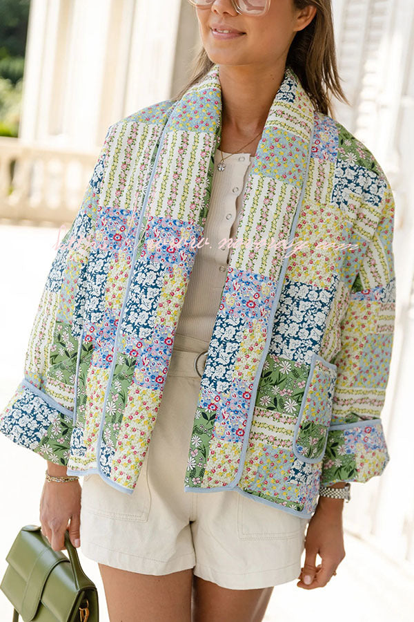 Retro Patchwork Print Cotton Coat for Women Long Sleeve 